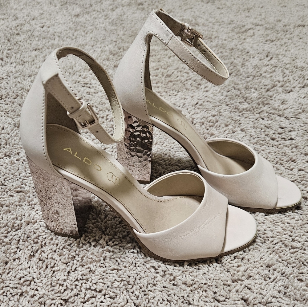 Aldo Leather Cream Block Heel Sandals Womens Size 6